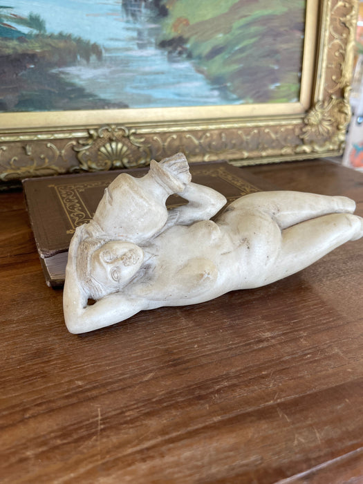 Vintage Hand-Carved Possibly Alabaster Sculpture of Reclining Nude Woman with Water Vessel