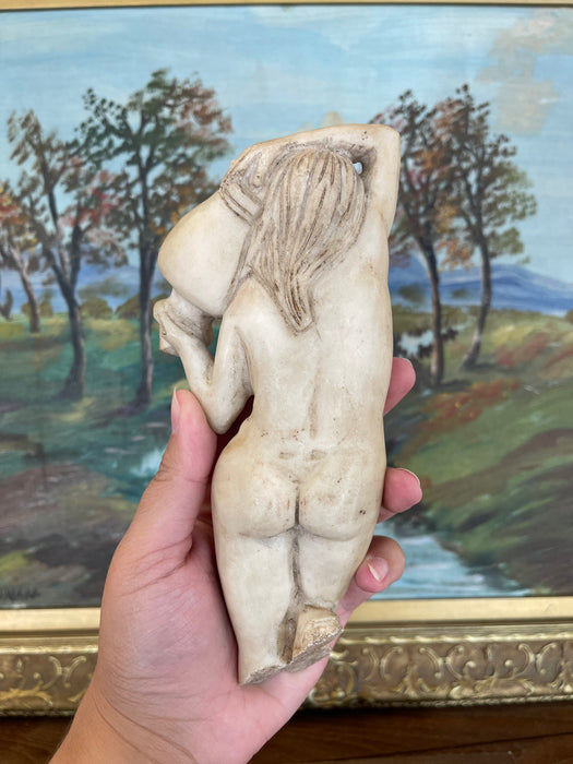 Vintage Hand-Carved Possibly Alabaster Sculpture of Reclining Nude Woman with Water Vessel