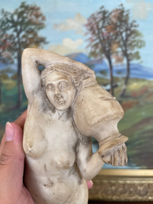Vintage Hand-Carved Possibly Alabaster Sculpture of Reclining Nude Woman with Water Vessel