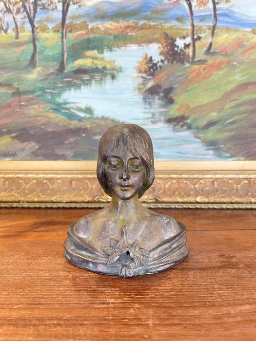 Antique Art Nouveau Cast Metal Bust of a Woman with Lily Motif, Early 20th Century