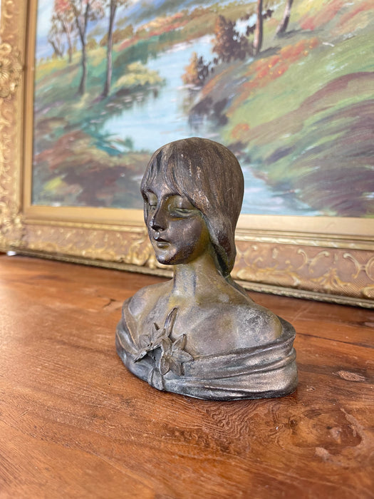 Antique Art Nouveau Cast Metal Bust of a Woman with Lily Motif, Early 20th Century