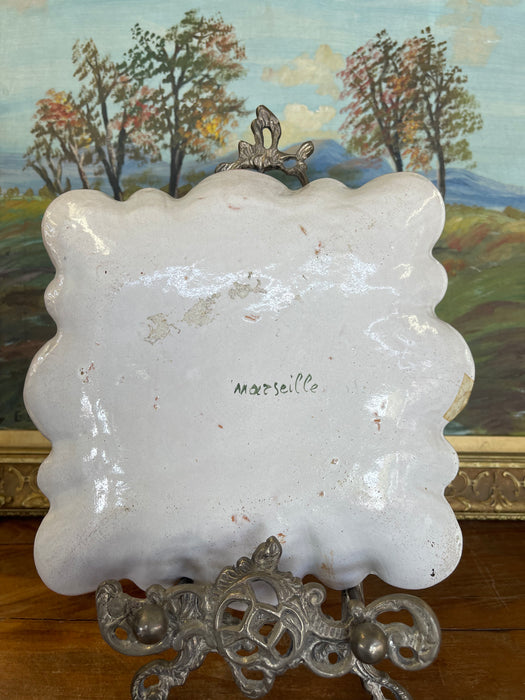 French Possibly Faience Hand-Painted Scalloped Dish with Romantic Scene, Marked Marseille