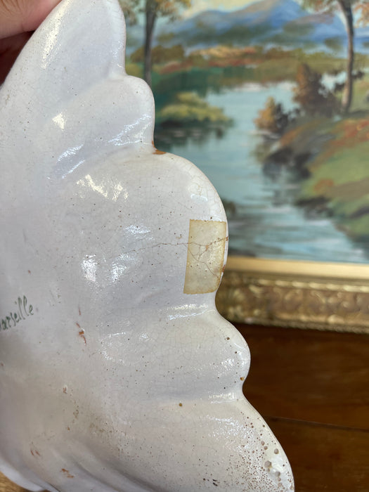 French Possibly Faience Hand-Painted Scalloped Dish with Romantic Scene, Marked Marseille