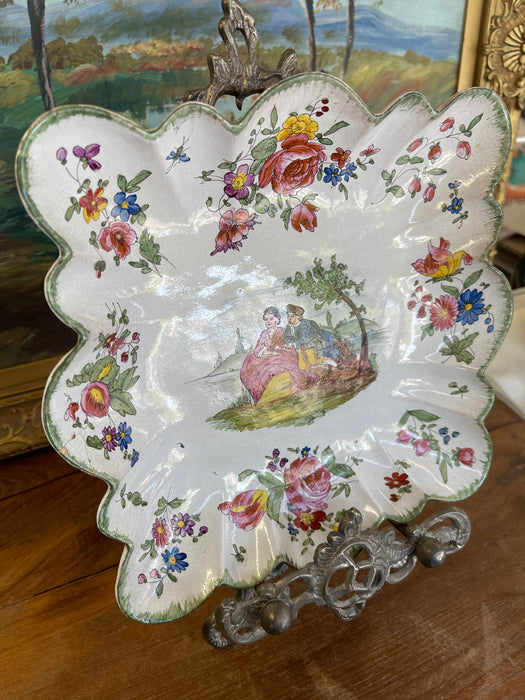 French Possibly Faience Hand-Painted Scalloped Dish with Romantic Scene, Marked Marseille