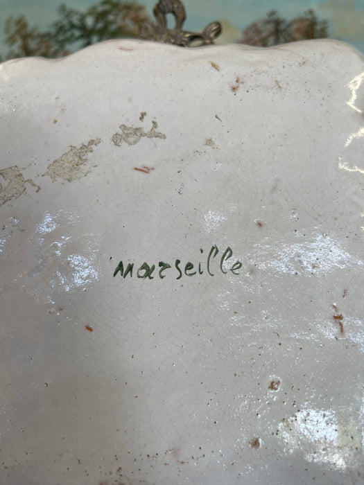 French Possibly Faience Hand-Painted Scalloped Dish with Romantic Scene, Marked Marseille