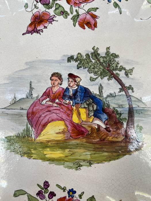 French Possibly Faience Hand-Painted Scalloped Dish with Romantic Scene, Marked Marseille