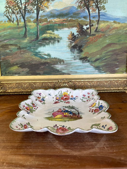 French Possibly Faience Hand-Painted Scalloped Dish with Romantic Scene, Marked Marseille
