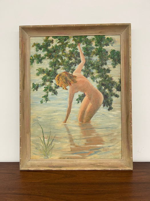 Mid-Century Nude Bathing Scene Painting Signed "Woody," 1958