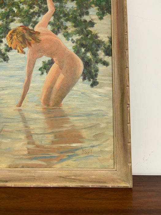 Mid-Century Nude Bathing Scene Painting Signed "Woody," 1958