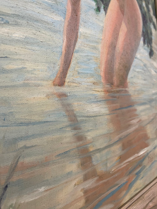 Mid-Century Nude Bathing Scene Painting Signed "Woody," 1958