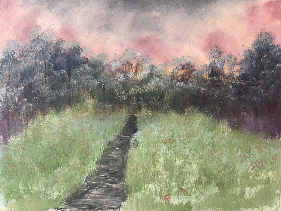 Original Landscape Painting on SoHo Artist Board - Pathway Through Meadow at Sunset,12" x 16"