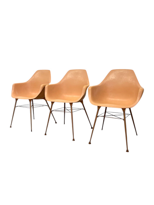 Set of 3 Vintage Mid-Century Modern Armchairs in Salmon Pink on Bronze-Toned Eiffel Bases