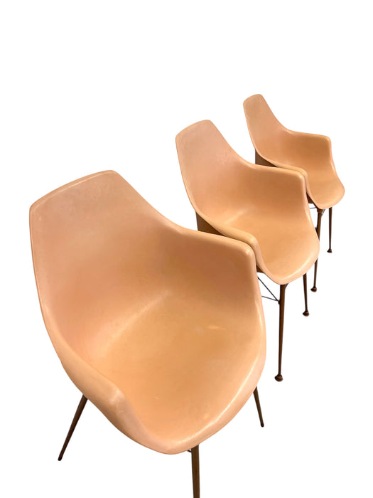 Set of 3 Vintage Mid-Century Modern Armchairs in Salmon Pink on Bronze-Toned Eiffel Bases
