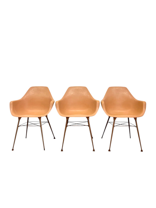 Set of 3 Vintage Mid-Century Modern Armchairs in Salmon Pink on Bronze-Toned Eiffel Bases