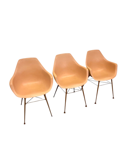 Set of 3 Vintage Mid-Century Modern Armchairs in Salmon Pink on Bronze-Toned Eiffel Bases