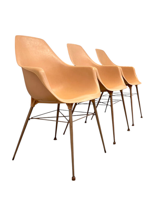 Set of 3 Vintage Mid-Century Modern Armchairs in Salmon Pink on Bronze-Toned Eiffel Bases