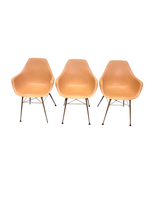 Set of 3 Vintage Mid-Century Modern Armchairs in Salmon Pink on Bronze-Toned Eiffel Bases