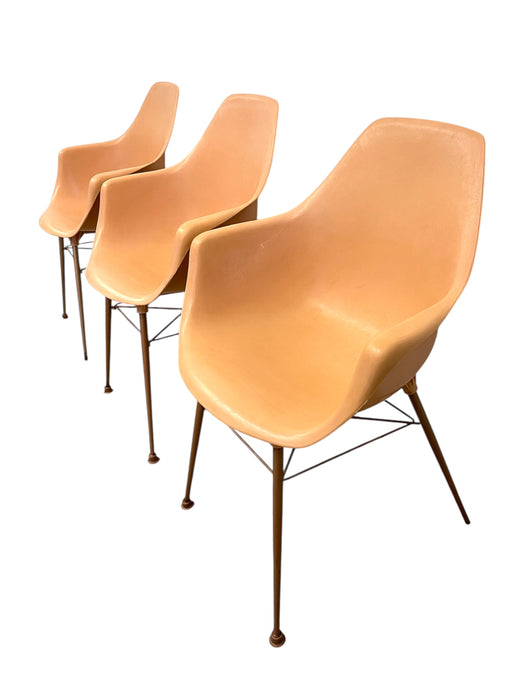 Set of 3 Vintage Mid-Century Modern Armchairs in Salmon Pink on Bronze-Toned Eiffel Bases