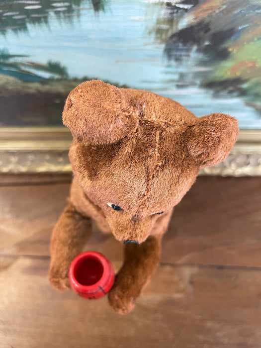 Vintage Plush Mechanical Bear with Red Barrel, Mid-20th Century Toy