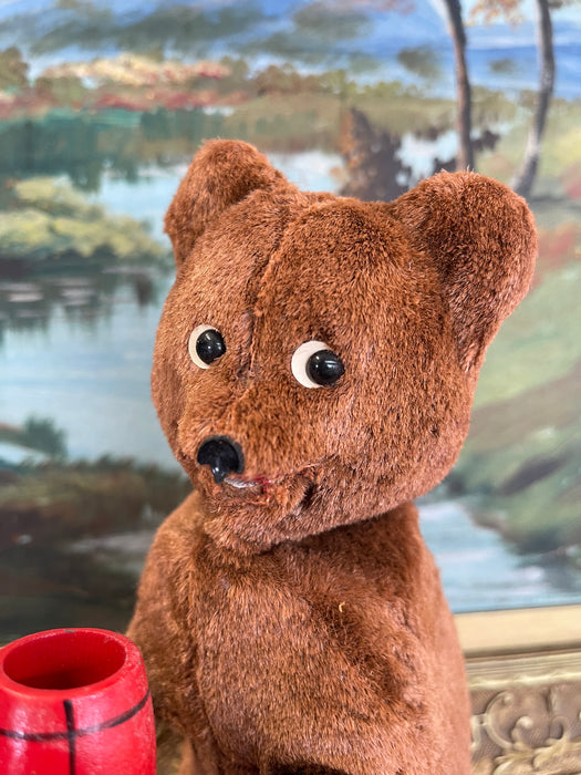 Vintage Plush Mechanical Bear with Red Barrel, Mid-20th Century Toy