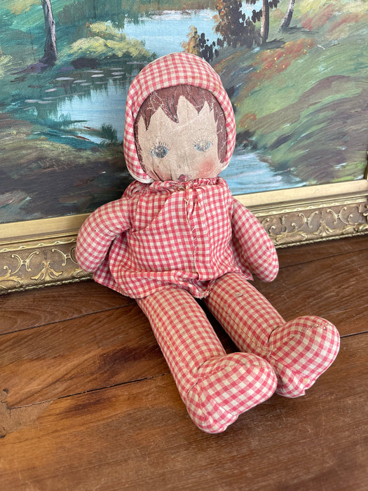 Antique Handmade Cloth Doll with Painted Face and Red Gingham Outfit, Early 20th Century
