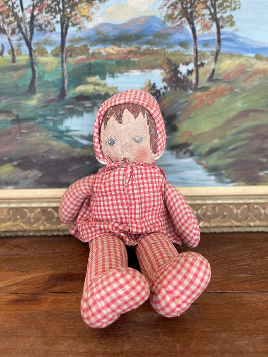 Antique Handmade Cloth Doll with Painted Face and Red Gingham Outfit, Early 20th Century