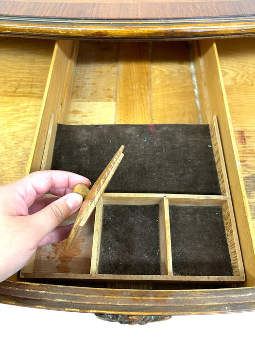 French Louis XV Style Bombe Burlwood 3-Drawer Commode with Carved Details