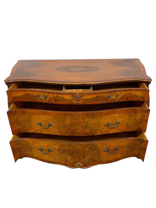 French Louis XV Style Bombe Burlwood 3-Drawer Commode with Carved Details