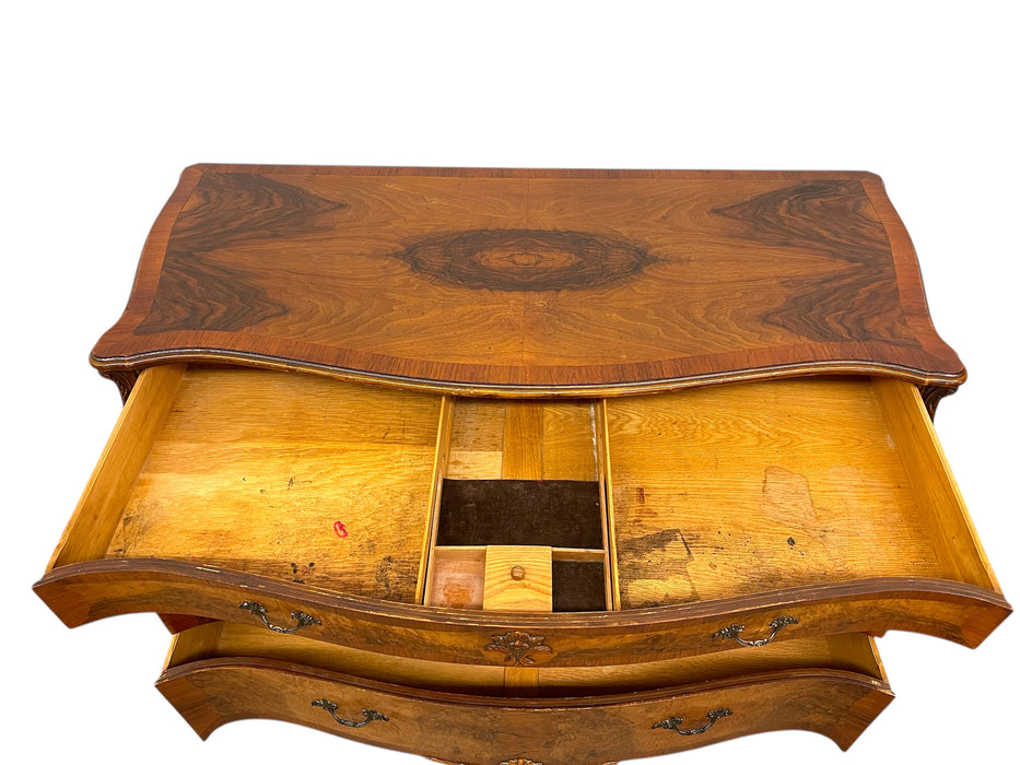 French Louis XV Style Bombe Burlwood 3-Drawer Commode with Carved Details