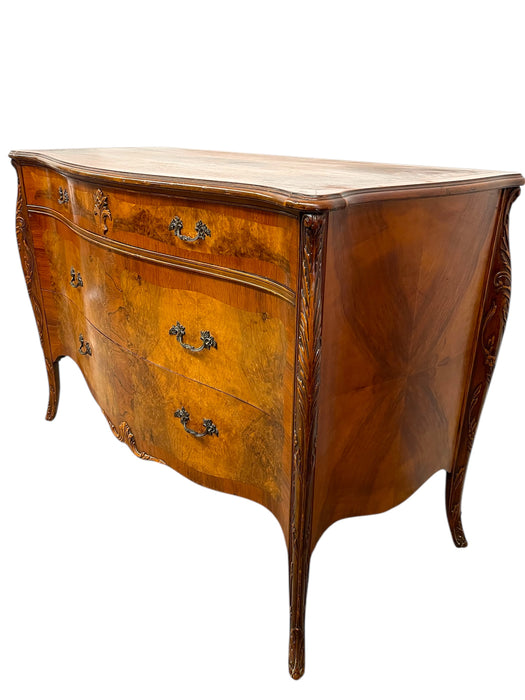 French Louis XV Style Bombe Burlwood 3-Drawer Commode with Carved Details