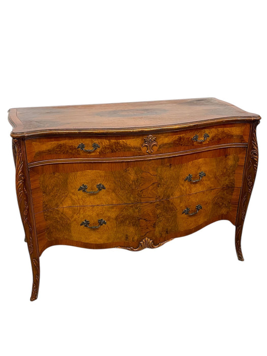 French Louis XV Style Bombe Burlwood 3-Drawer Commode with Carved Details