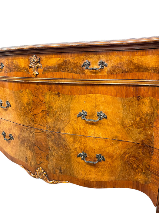 French Louis XV Style Bombe Burlwood 3-Drawer Commode with Carved Details