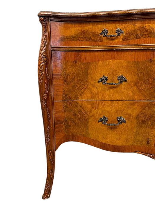 French Louis XV Style Bombe Burlwood 3-Drawer Commode with Carved Details