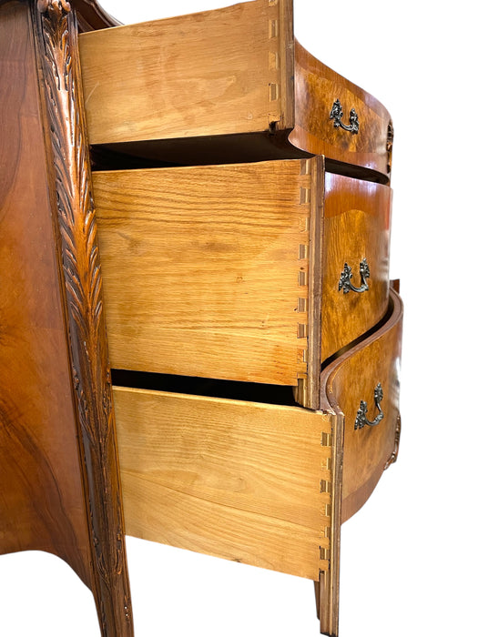 French Louis XV Style Bombe Burlwood 3-Drawer Commode with Carved Details