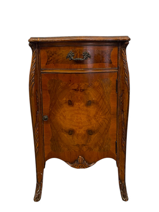 French Louis XV style BurlWood Bombe Commode and Matching Bedside Cabinet Set with Carved details