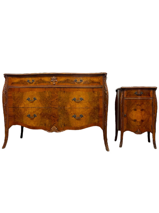 French Louis XV style BurlWood Bombe Commode and Matching Bedside Cabinet Set with Carved details