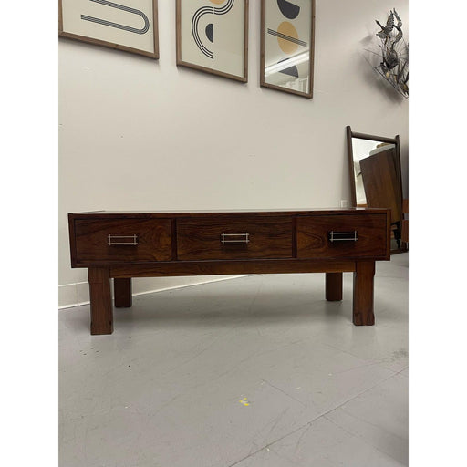 Imported Vintage Danish Modern Rosewood Low Console Coffee Table With Wood Inlay.