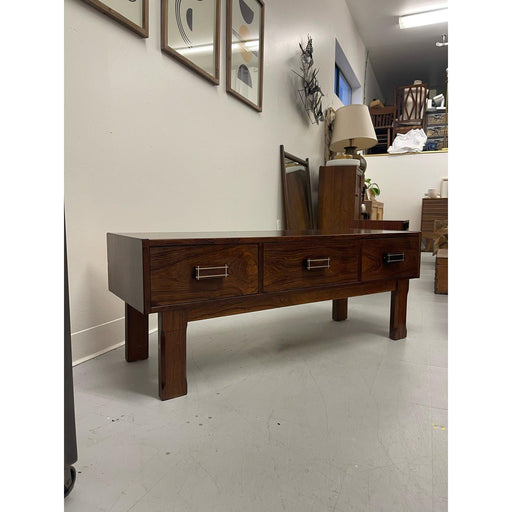 Imported Vintage Danish Modern Rosewood Low Console Coffee Table With Wood Inlay.