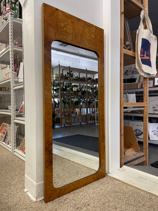 Large Mid-Century Modern Burl Wood Wall Mirror with Rounded Corners and Inset Glass by Milo Baughman for Lane