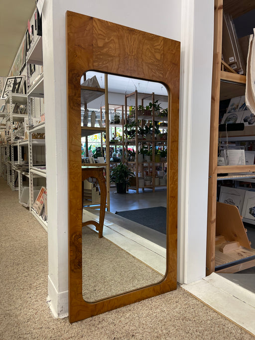 Large Mid-Century Modern Burl Wood Wall Mirror with Rounded Corners and Inset Glass by Milo Baughman for Lane