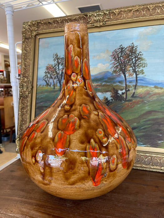 Large Mid-Century Modern Drip Glaze Pottery Vase in Brown and Lava Orange Tones