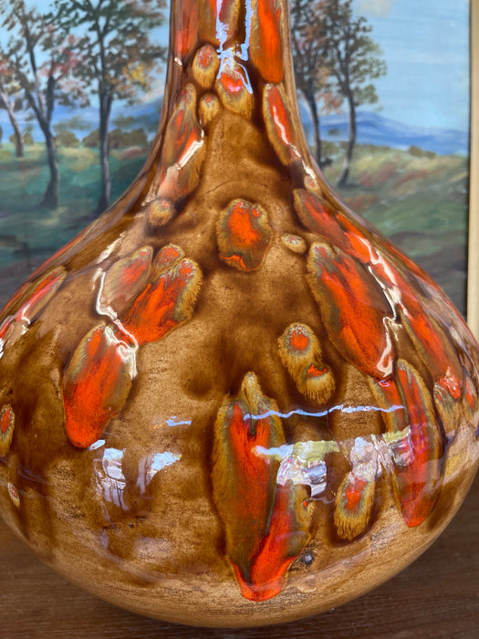 Large Mid-Century Modern Drip Glaze Pottery Vase in Brown and Lava Orange Tones