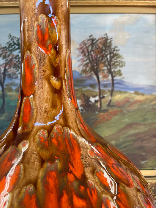 Large Mid-Century Modern Drip Glaze Pottery Vase in Brown and Lava Orange Tones