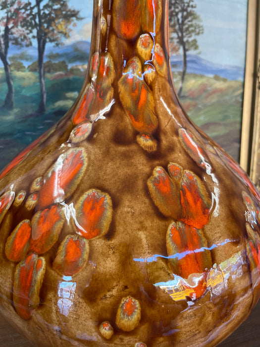 Large Mid-Century Modern Drip Glaze Pottery Vase in Brown and Lava Orange Tones