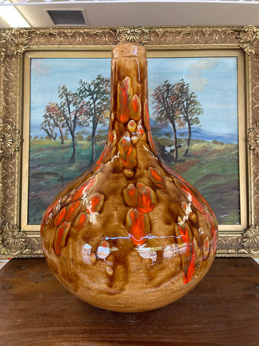 Large Mid-Century Modern Drip Glaze Pottery Vase in Brown and Lava Orange Tones