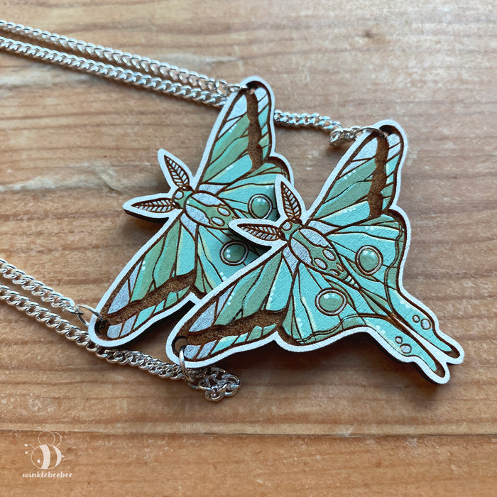 Luna Moth Necklace - Laser Engraved Wood