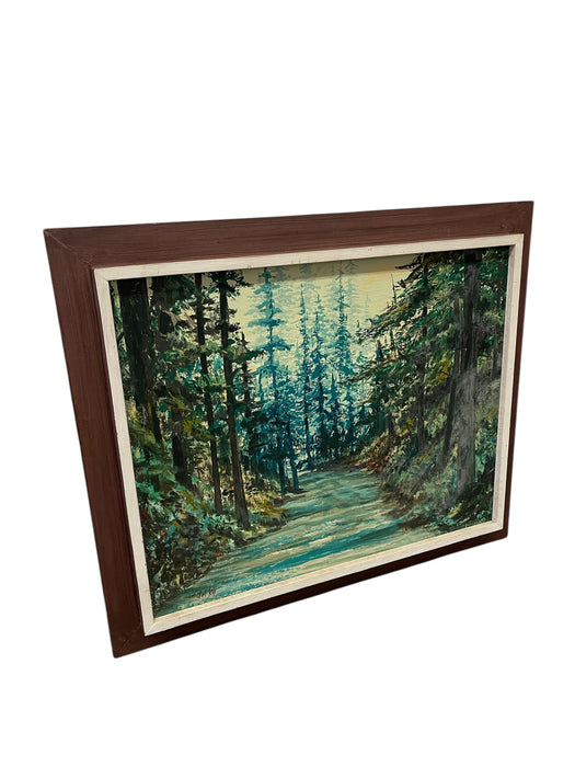 Mid-20th Century Oil Painting "Woods" by Del Kay - Pacific Northwest Forest Landscape