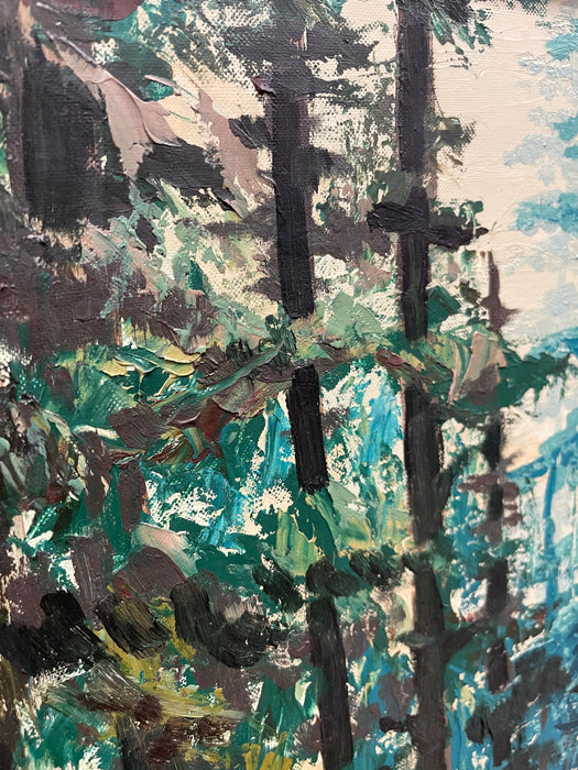 Mid-20th Century Oil Painting "Woods" by Del Kay - Pacific Northwest Forest Landscape