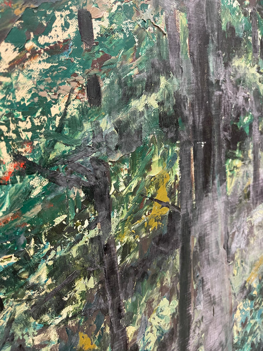 Mid-20th Century Oil Painting "Woods" by Del Kay - Pacific Northwest Forest Landscape