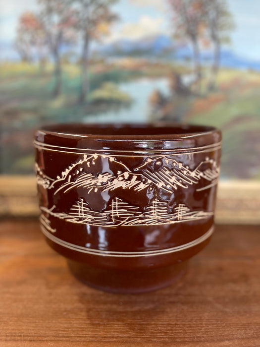 Mid-Century Asian-Inspired Brown Glazed Ceramic Planter with Hand-Carved Landscape Design